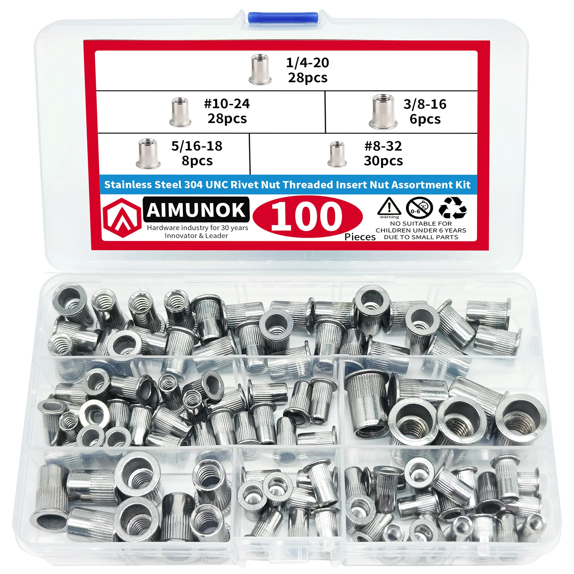 46/100 stücke Edelstahl 304 Unc Niet mutter Gewinde einsatz mutter Sortiment Kit Eaded Insert Flach kopf Rändel einsätze Mutter Image