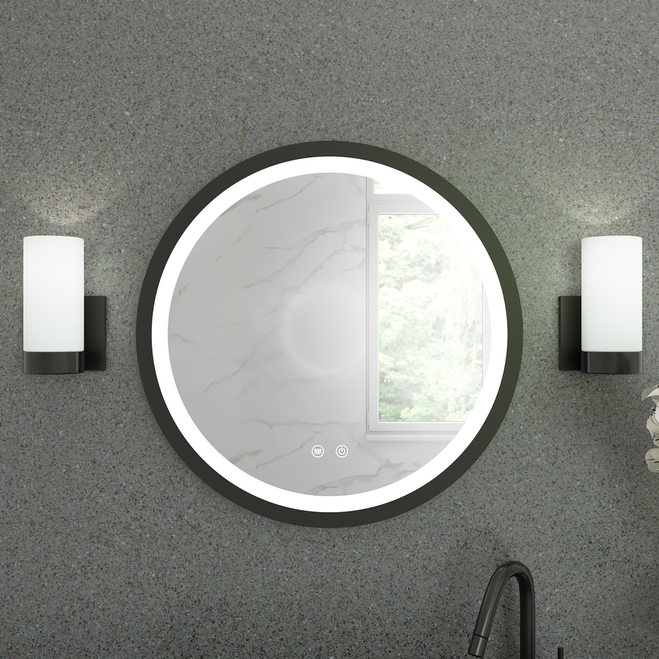 Randolph Morris Barrett 24 x 24 Inch Round Lighted Mirror with Anti-Fog - Matte Black Frame RMZK-M2424A1-MB