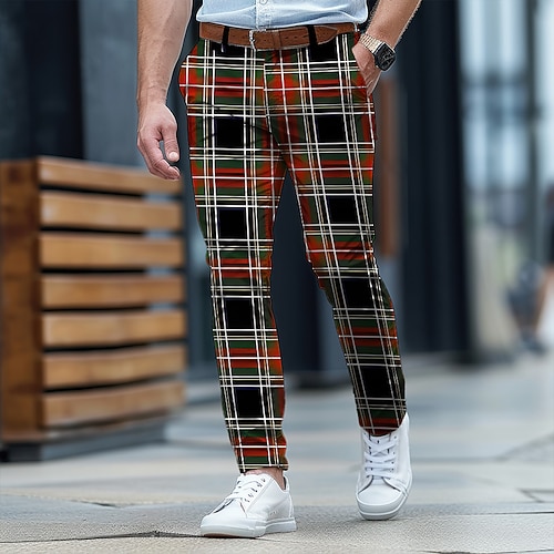 Weihnachtshose für Herren mit Weihnachtsszenen-Print, kariert, Business-Casual-Kleidung, Reißverschlusstasche, mittlere Taille, formelle Alltagskleidung, Sommer, Frühling, Herbst, 3D-Druck, schmale Image