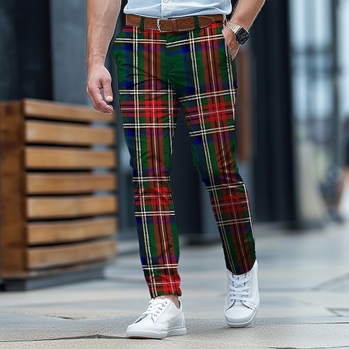 Weihnachtshose für Herren mit Weihnachtsszenen-Print, kariert, Business-Casual-Kleidung, Reißverschlusstasche, mittlere Taille, formelle Alltagskleidung, Sommer, Frühling, Herbst, 3D-Druck, schmale Image