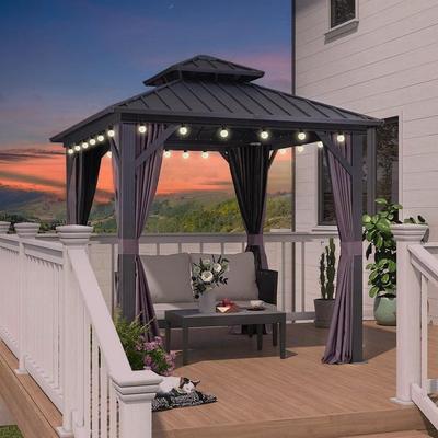 PURPLE LEAF Gazebo Outdoor Gazebo with Dual-Layer Galvanized Steel Double Roof Aluminum Gazebo with Netting and Curtains Grey
