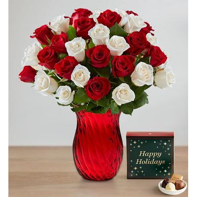 1-800-Flowers Flower Delivery Peppermint Rose Bouquet 36 Stems W/ Red Vase & Chocolate