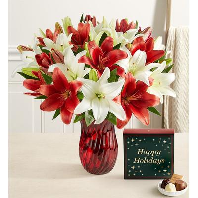 1-800-Flowers Flower Delivery Holiday Lily Bouquet 14 Stems W/ Red Vase & Chocolate