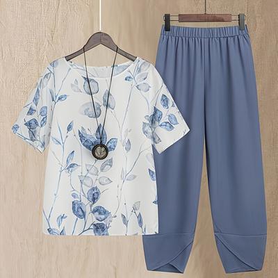 TEMU Elegant Floral Neck Blouse And Casual Pants Set - 100% Polyester Woven Two-piece Suit With Pockets For All Image