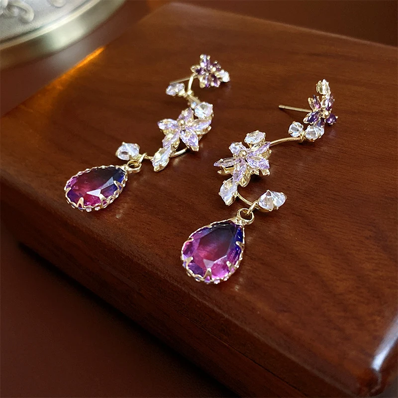 Lila Blume Kristall Zirkon baumeln Ohrringe für Frauen Französisch Vintage Charme elegante Persönlichkeit neu in Ohrring exquisiten Schmuck
