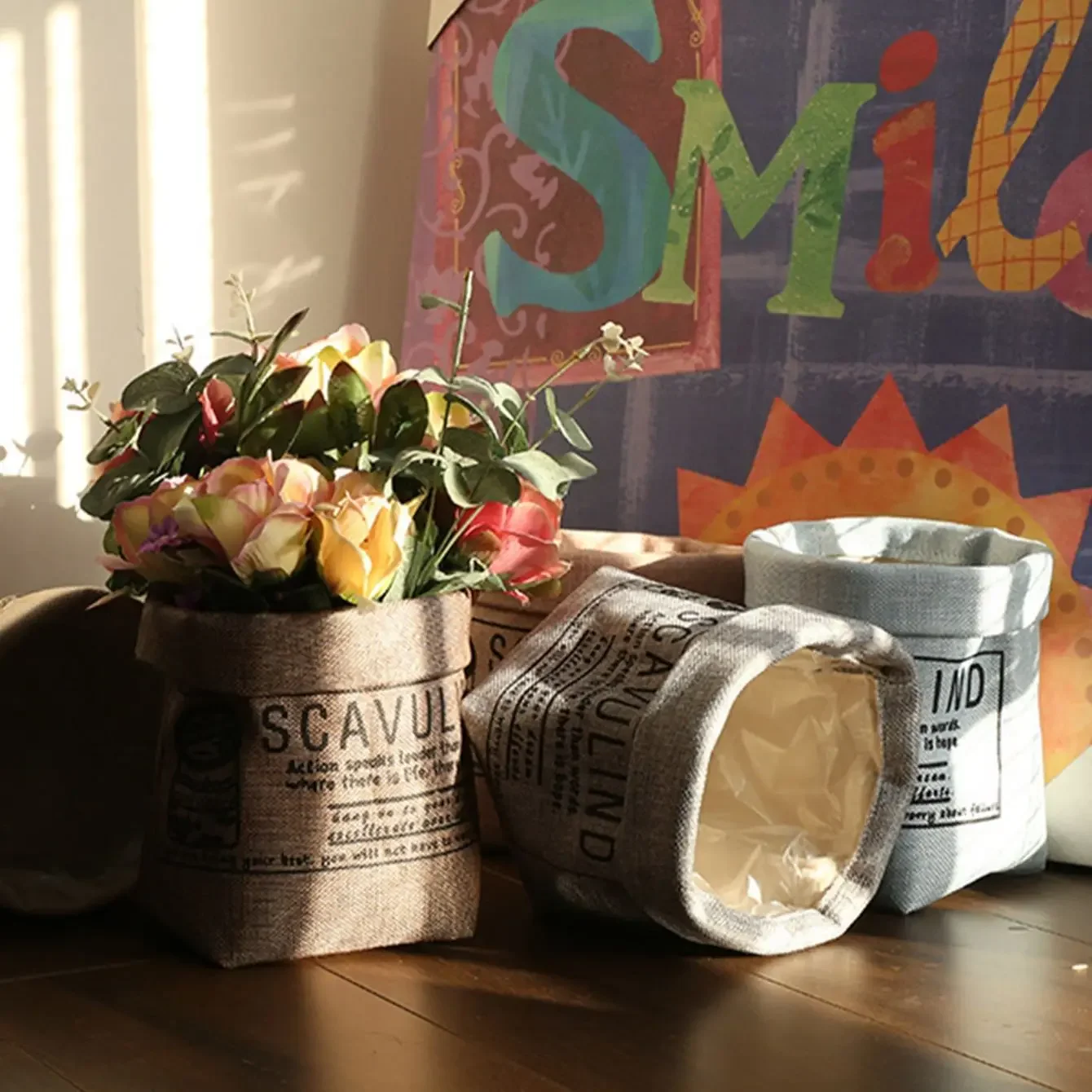 1 Stück wasserdichte Pflanzgefäße in zufälliger Farbe, Vintage-Stoff-Slogan-Grafik-Kinderzimmer-Tasche für den Garten Image