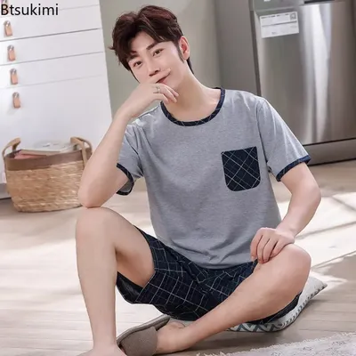 Mode neue Herren Kurzarm Pyjamas Sets Sommer bequeme dünne Baumwolle Homewear Lounge Sets Männer Plaid Nachtwäsche zweiteilig Image