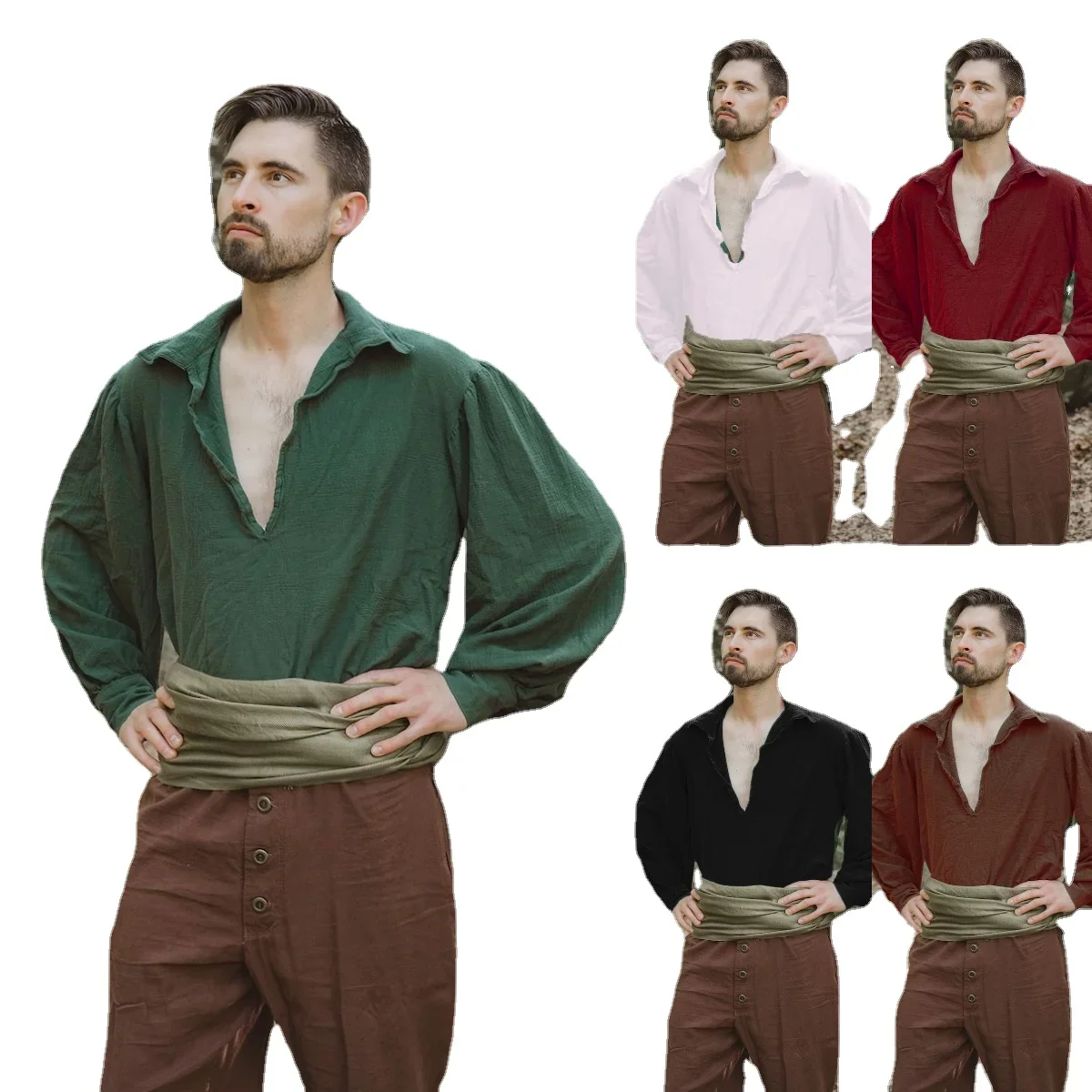 Baumwolle – Renaissance-Faire-Hemd für Herren/Damen – Halloween-Kostüme mit quadratischer Manschette für Damen, Cosplay-Kostüme Image