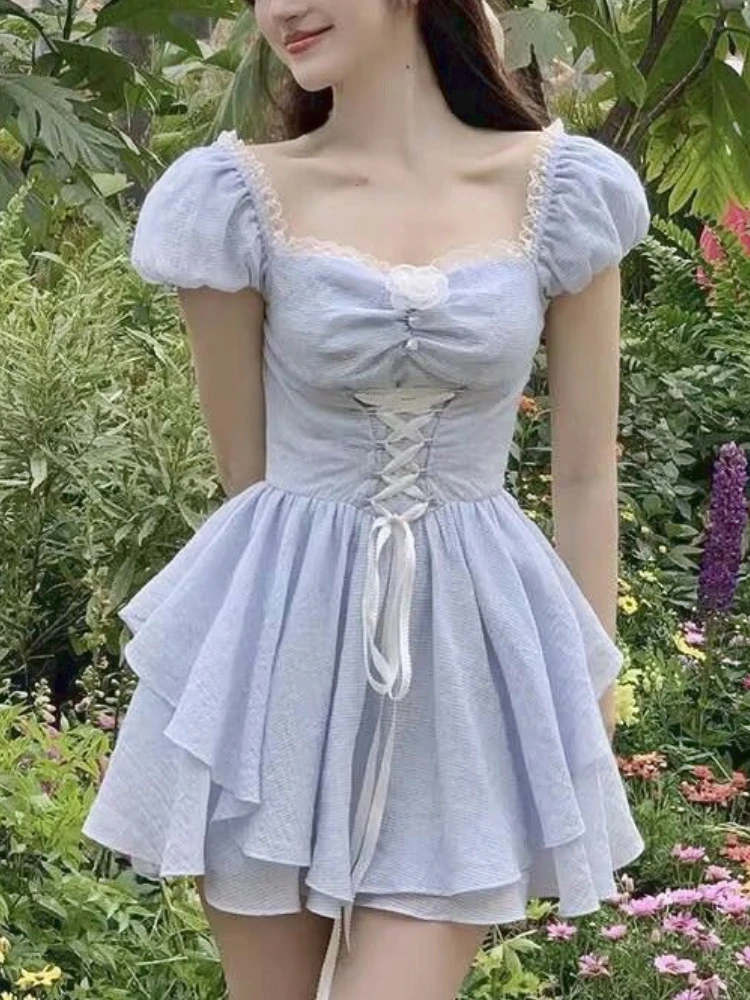 Sommer blau süß kawaii Kleid Frauen Riemchen elegante Mode Party Mini kleid weibliche Rüschen Volant koreanische Freizeit kleid neu