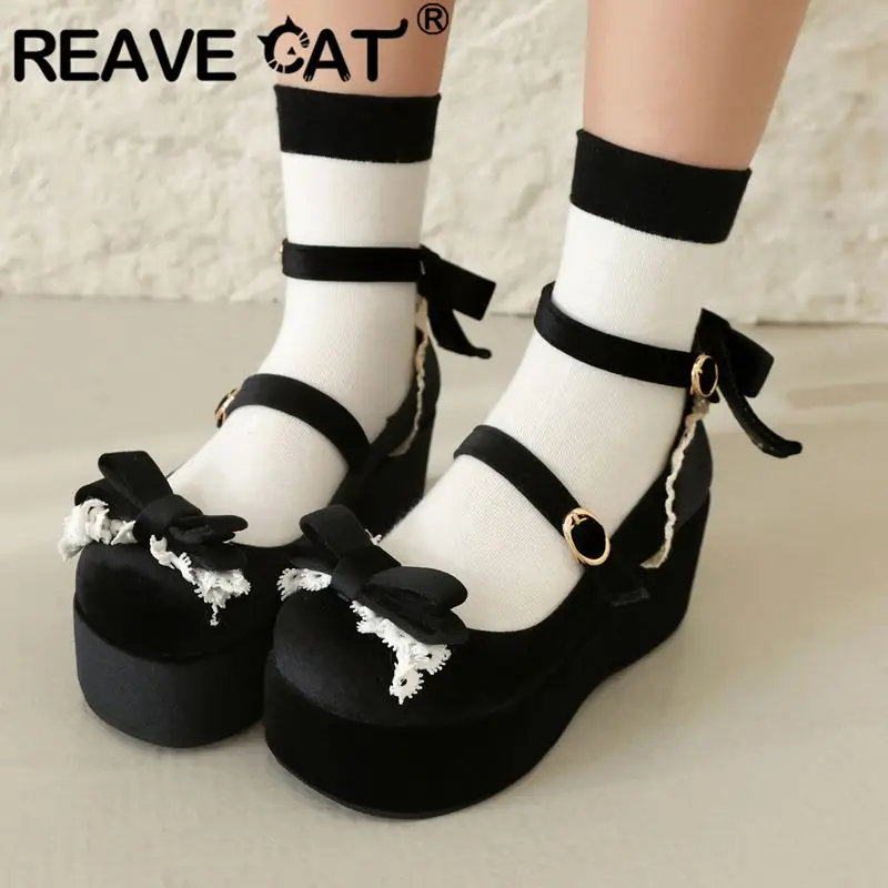 Reave Katze Lolita Mädchen Pumps 32 33 Knöchel riemen Bowknot Flock Wildleder Plattform 7,5 cm große Größe 42 43 süße Dating Frauen Schuhe