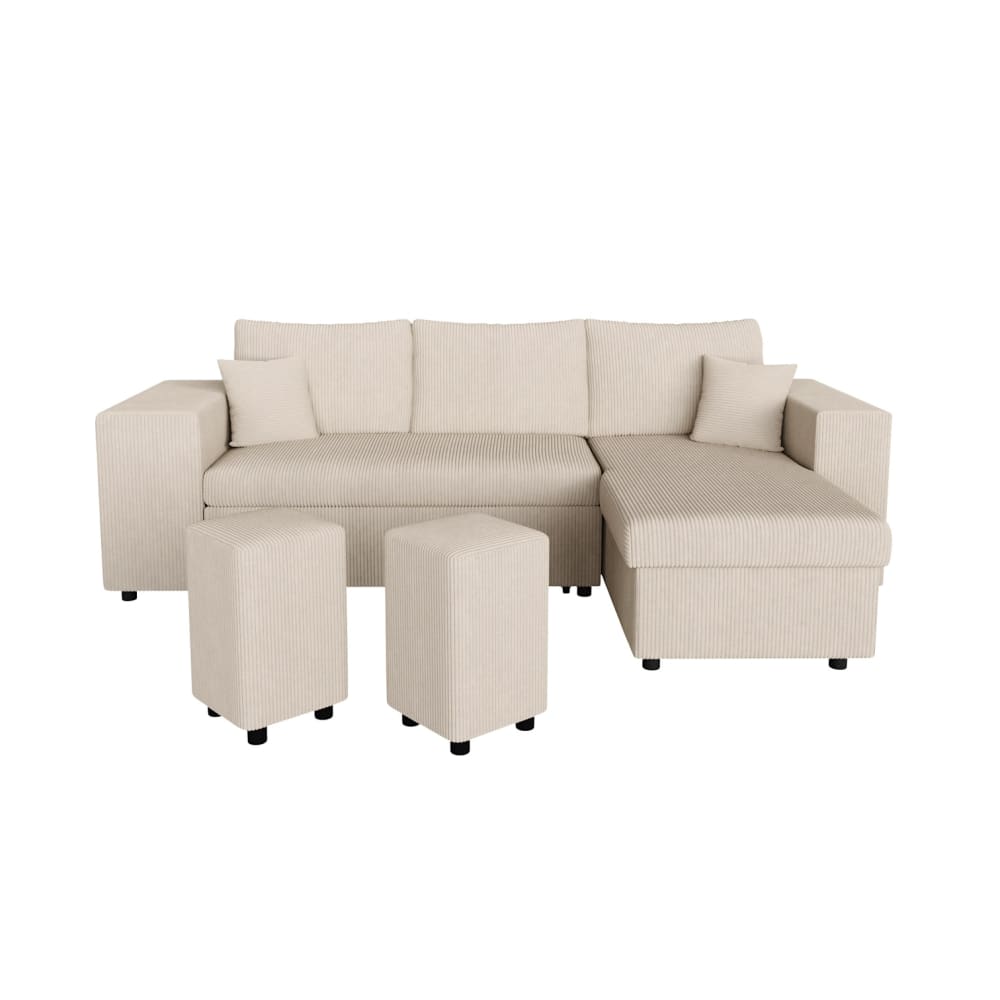 Canapé convertible 2 poufs gauche et étagère en velours côtelé - Beige