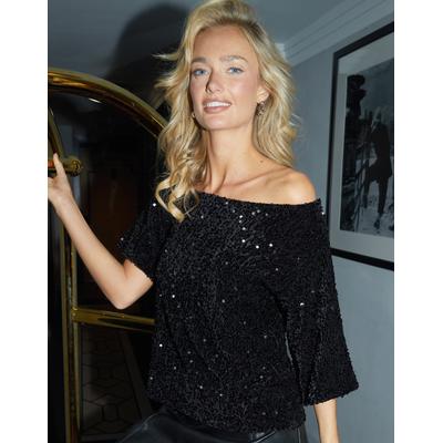Threadbare Women's Black Sequin Velour Drop Shoulder Top