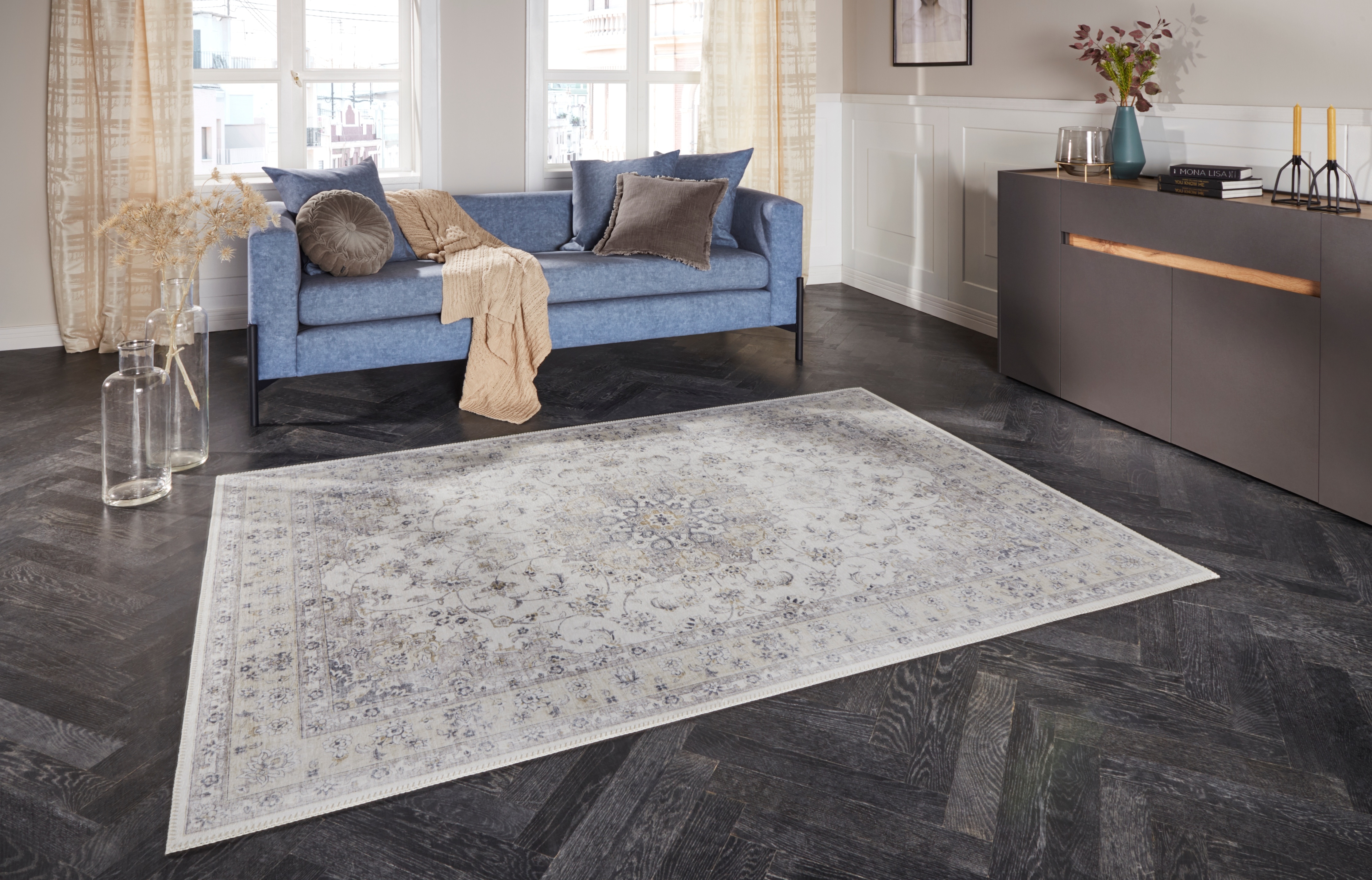 Teppich ELLE DECORATION "Nain" Gr. 32, grau, B:120cm H:7mm L:160cm, Polyester, Teppiche, Orientalisch, Läufer, Kurzflor, Wohnzimmer, Schlafzimmer, Vintage-Look Image