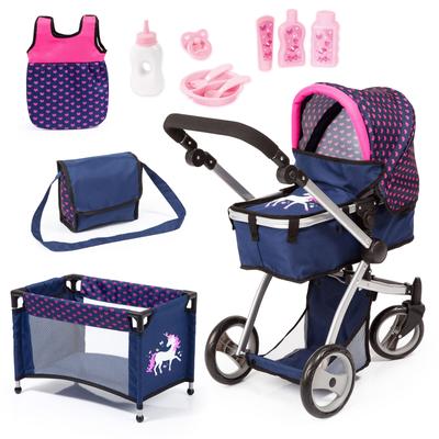 Puppenwagen BAYER "Mega, blau" bunt (blau/pink) Kinder mit Reisebett, Schlafsack, Puppentrage, Wickeltasche und Zubehör