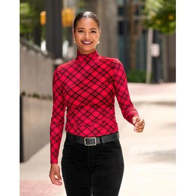 Boston Proper - Red - So Chic Ruched Holly Plaid Turtleneck Top - XL