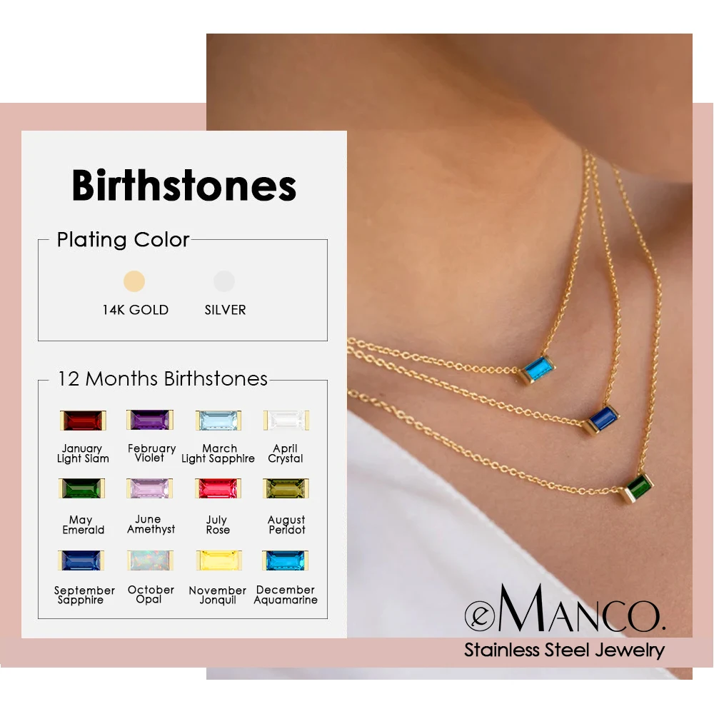 eManco Edelstahl-Halskette mit buntem Zirkonia, hochwertige 12-Monats-Geburtsstein-Halskette, Damen-Geburtstagsgeschenk Image