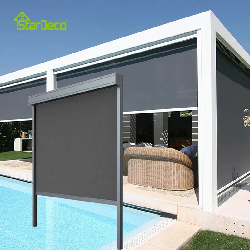 Winddichte Outdoor-Rollos für den Balkon, moderner motorisierter Stabbedienung, winddichte Aluminium-Terrasse, maßgeschneidert