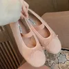 Süße rosa Nerz-Ballerinas für Damen, runde Zehen, Fliege, Plüsch innen, Mary Janes-Schuhe, weibliche elastische Band-Mokassins, große Größe 43