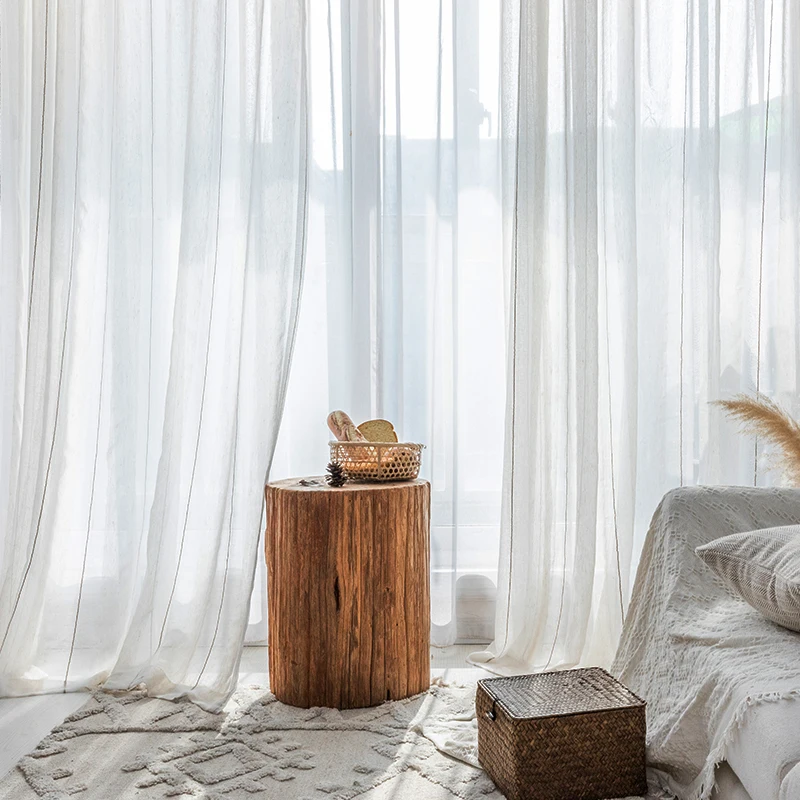 Nordischer weißer japanischer Leinen-Baumwollvorhang aus Tüll für Schlafzimmer, Wohnzimmer, gestreifte Gaze, fertiger schwebender Vorhang, Balkonfenster Image