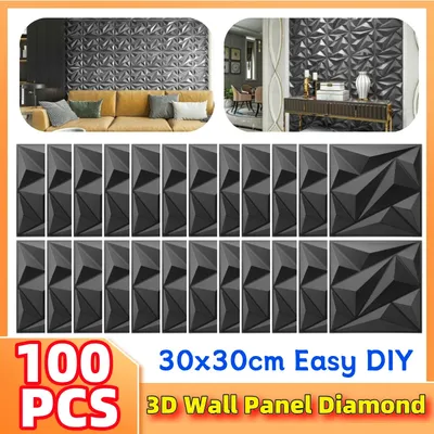 100Pcs Black 3D Wall Panel Diamond 30x30cm Wall Covering Panels 3D Wall Paper for Living Room Gaming