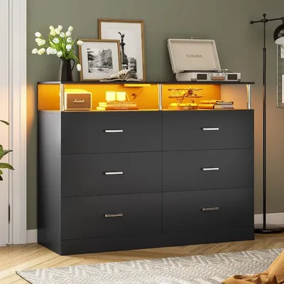 Black Dresser for Bedroom with 6 Drawers, Dressers & Chests of Drawers with Column Design & Charging