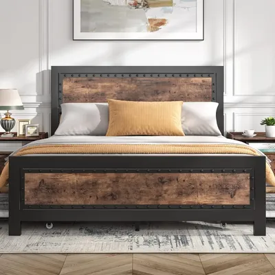 Metal Wood Bed Frame with 4 Storage Drawers, Rivet Modern Headboard and Footboard Platform, No Box