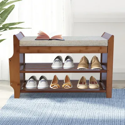 2-Tier Bamboo Shoe Bench w/ Seat Removable Cushion Entryway Shoe Organizer Shelf w/ Drawer