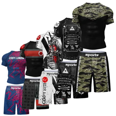 Popular Beach Surf Wear Short Sets For jiu jitsu Bjj No Gi Rashguard+Grappling Shorts Cool Westling stretchy Running Gym Clothes
