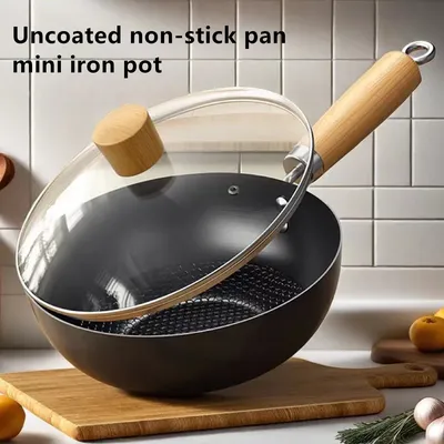 Non-stick iron pan frying pan with lid uncoated gas stove induction cooker universal stew pot cookware handmade steak wok pan