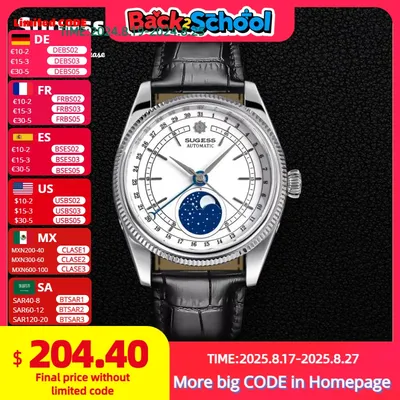 Sugess 40mm Mens Watch Automatic Mechanical Original ST2108 Movement MoonPhase Water Resistant Wristwatches Sapphire Crystal New