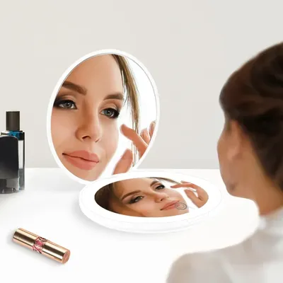 1X/10X Magnification LED Pocket Compact Cosmetic Mirror Rechargeable Slim Travel Makeup Mirror with Lights Portable Double Sided