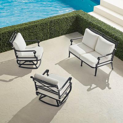 Carlisle 3-pc. Loveseat Swivel Set in Onyx Aluminum - Sunbrella Rain, Rain Seaglass - Frontgate