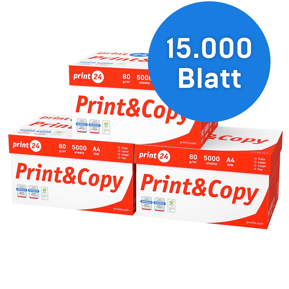 print24 Druckerpapier Kopierpapier 15000 Blatt (30 x 500) DIN A4 80 g Premium Hochweiß CIE 160 Testsieger PEFC zertifiziert Image