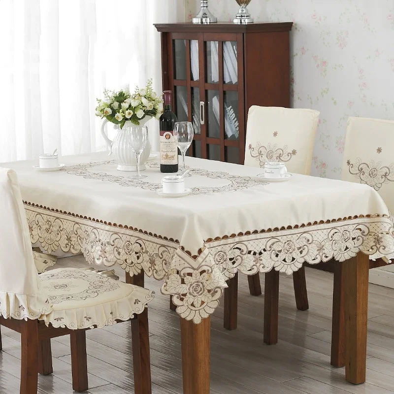 Tischdecke Satin Beige Europa Pastoral Tischdecke Esstischbezug Rechteckiger Tisch Juppe bestickter staubdichter Stuhlbezug Image