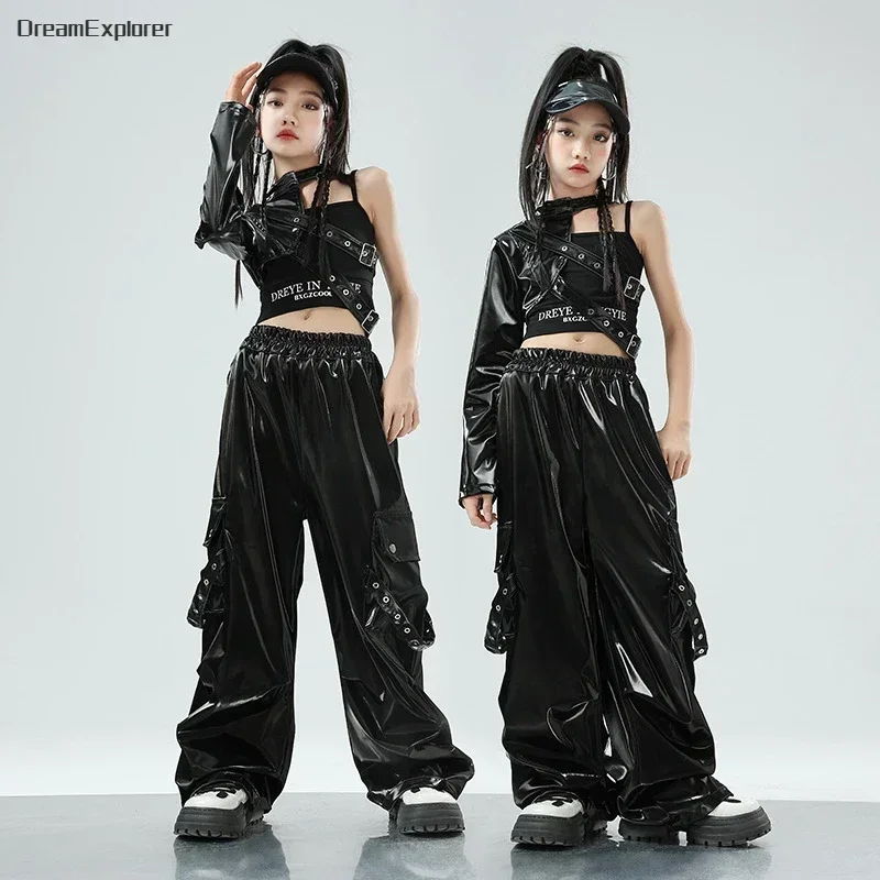 Mädchen K-pop Crop Top Manschette Hip Hop Cargo Hosen Kleidung Set Kind Shiny PU Leder Street Dance Kostüm Kinder Camouflage streetwear