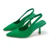 Damen-Sommerschuhe, 2023, neue Mode, spitze Zehen, Stiletto, mittlerer Absatz, High Heels, Damen-Rücken, leere Zehensandalen, grüne Damenschuhe