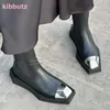 Metall-Knöchel-Biker-Stiefel mit quadratischer Zehenpartie, dicke Sohle, luxuriöses Leder, einfarbig, schwarz, Slip-On, britischer Stil, modisch, elegant, sexy Schuhe