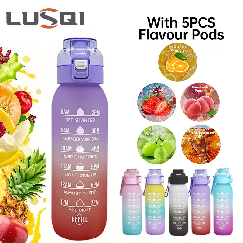 LUSQI 1PC 1000ML Geschmack Wasser Flasche Mit Stroh Mit 5PCS Geschmack Pods Mode Fitness Wasser Flasche Für Outdoor aktivitäten Sport Image