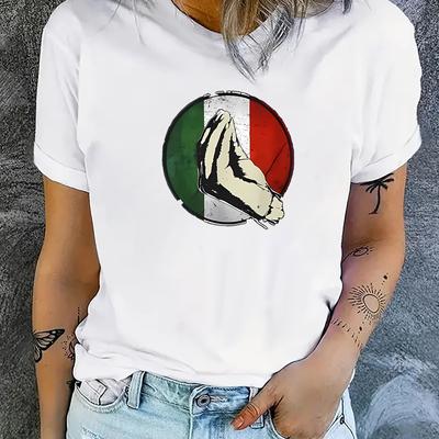 TEMU Women's Crew Neck Short Sleeve T-shirt With Italian-inspired Hands Graphic, Casual Sporty Tee, Knit Fabric , Polyester And Spandex, , In Multiple Sizes Image