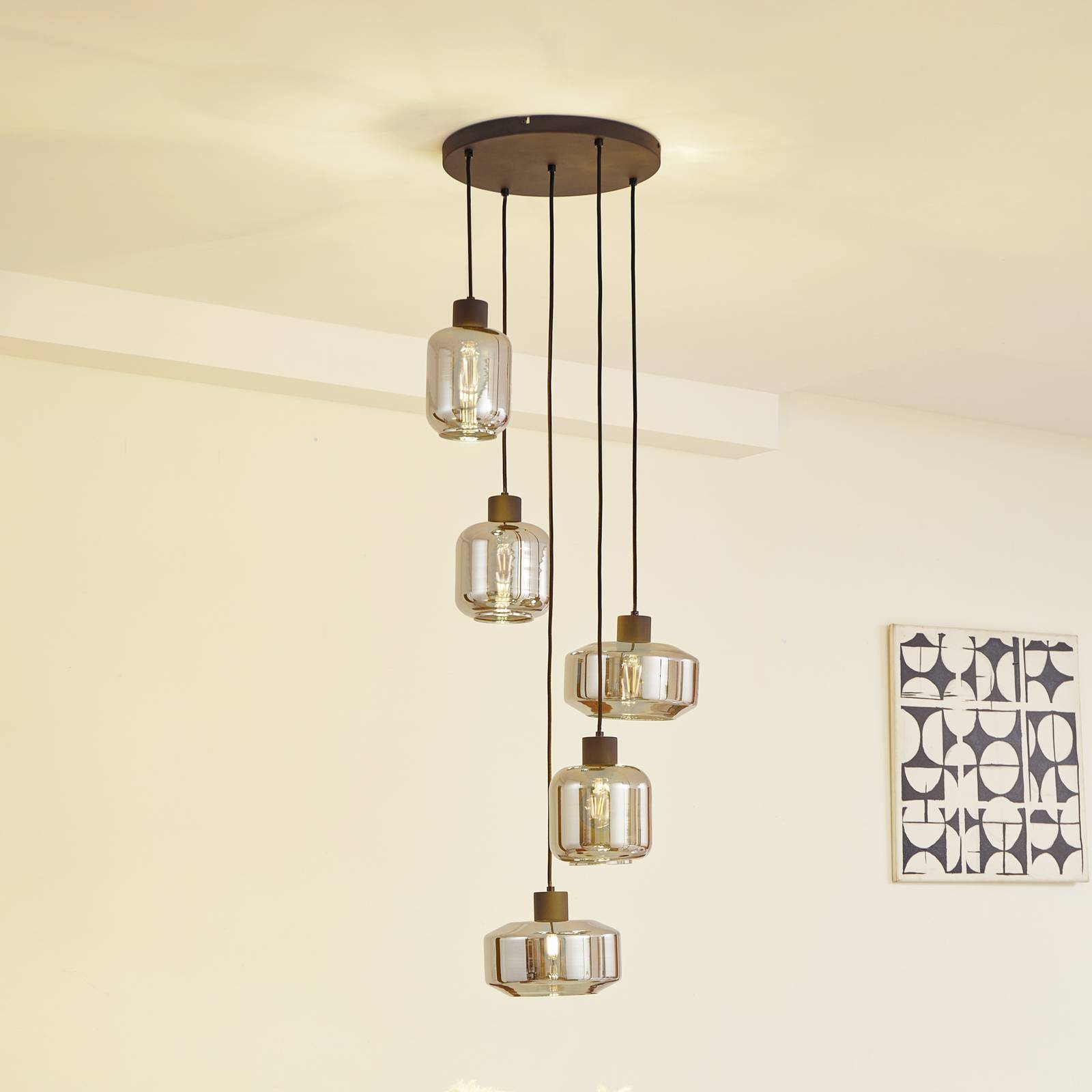 Glas Hängelampe Hildur Lindby, dimmbar, alu / grau / zink, für Wohn- / Esszimmer, Glas, Pendelleuchte