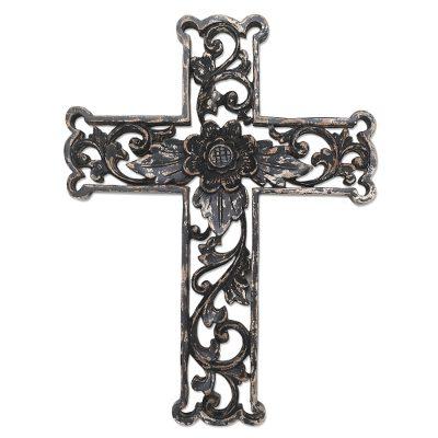 Antiqued Lotus Cross,'Distressed Black Floral Wood Wall Cross'
