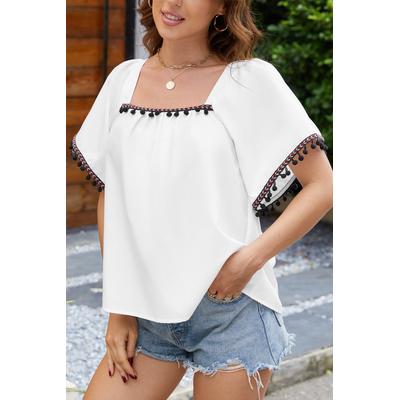 White Square Neck Short Sleeve Pom-Pom Top