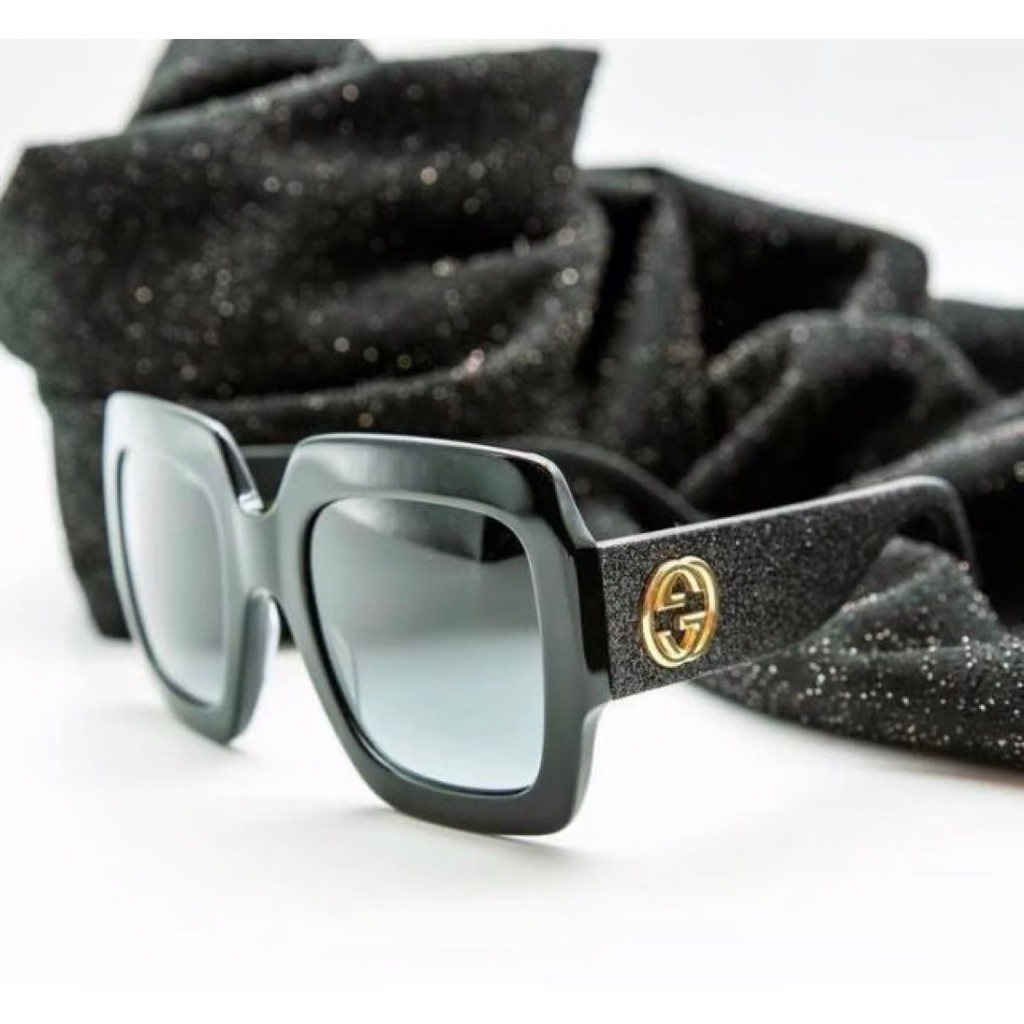 Gucci Accessories | Gucci Oversized Square Frame Glitter Black Sunglasses New In Case | Color: Black/Gold | Size: 54 25 145