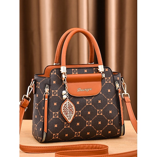 elegante Damenhandtasche aus Kunstleder mit roten Akzenten und Blattgold-Anhänger – Designer-inspirierte Umhängetasche mit verstellbarem Riemen