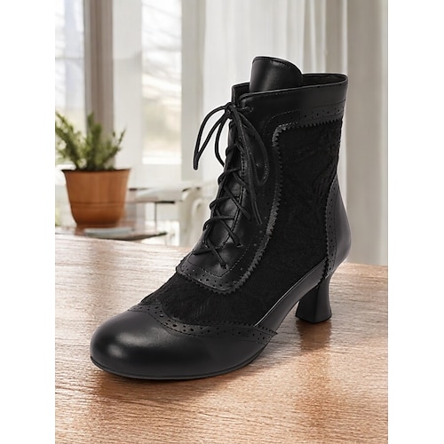 Damenstiefeletten im viktorianischen Stil mit Spitzendesign und Kunstlederakzenten – Vintage-Schnürschuhe für Freizeit- und Kostümanlässe Image