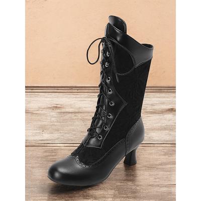 Women's Victorian Lace-Up Mid-Calf Boots with Vintage Lace Design and Faux Leather Accents - Retro Style for Cosplay, Formal Events, and Everyday Wear