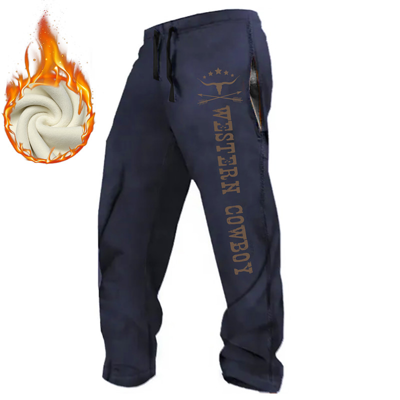 Men's Cowboy Joggers Fleece Sweatpants Drawstring Elastic Waist Vintage Casual Outdoor Home Street Pocket Straight Leg Trousers Thermal Winter 3D Print Black White Brown