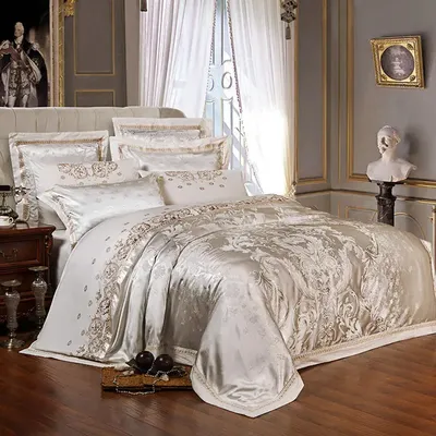 Luxury White Jacquard Satin Embroidered Bedding Set, Smooth Cotton Duvet Cover, Bed Sheet, Pillowcases, King and Queen Size