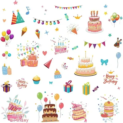 1 Satz 8 Stile „Happy Birthday“-Kuchen-Wandaufkleber, Abziehbilder, Ballon, PVC, Fenster, wasserfest, selbstklebend, Vinyl, zum Abziehen und Aufkleben Image