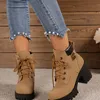 Frauen Retro Runde Kappe Chunky Heels Stiefeletten Herbst Neue High Heels Schuhe Frau Lace Up Plattform Kurze Booties Große Größe 42